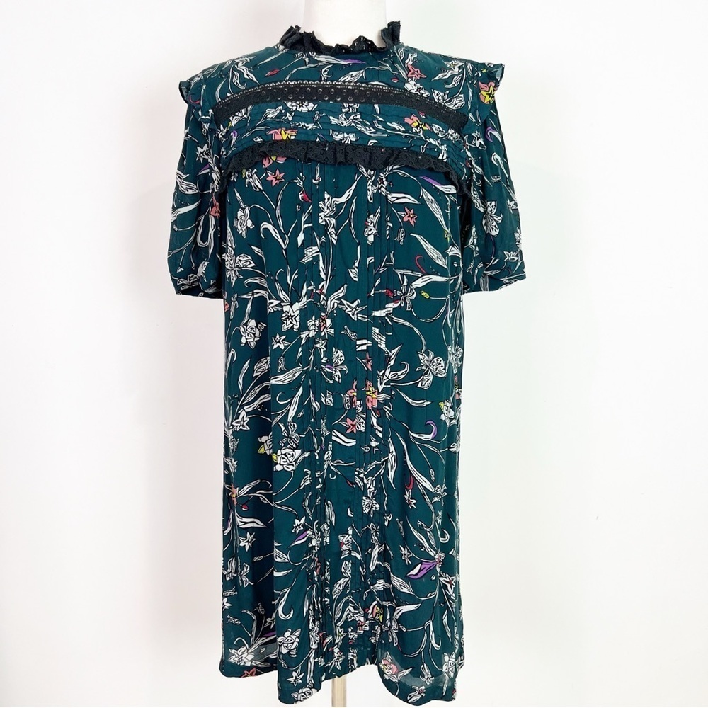 VINEET BAHL ANTHROPOLOGIE INES TEAL FLORAL LACE TRIM SHIFT DRESS WOMENS MEDIUM